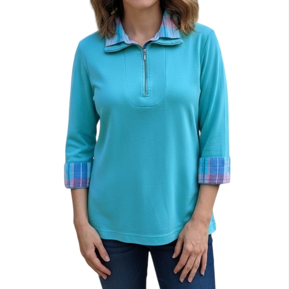 Blair Tops - Blair Teal Button Down Shirt with Plaid Details 60%Cotton